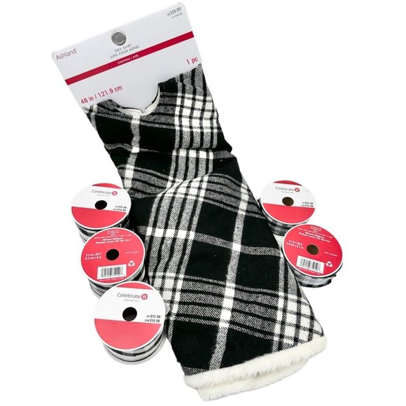 Ashland Tree Skirt 48 In Black White Plaid w/5 rolls of Celebrate It Ribbon NEW - Picture 1 of 12